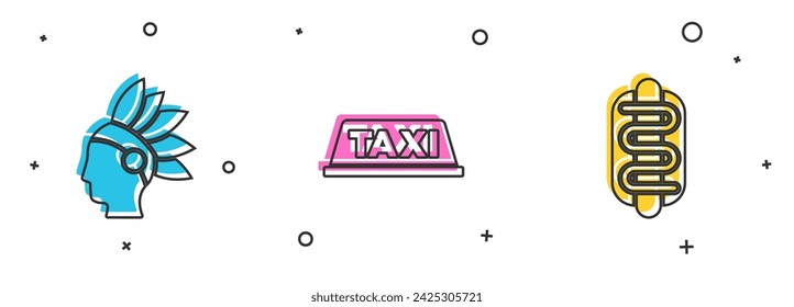 Conjunto indígena nativo americano, techo de coche de taxi e icono de emparedado Hotdog. Vector