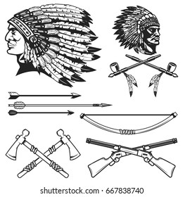 Set of native american indians chiefs heads. National american indians headdress, bow, arrows, smoking pipe, tomahawk. Vector illustration