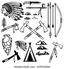 Set of native americans weapon. Mountains icons. Design elements for logo, label, emblem, sign, poster. Vector illustration