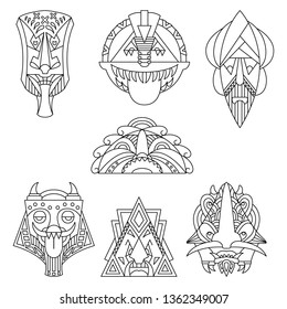 Set of native archaic masks. Pastiche. Vector