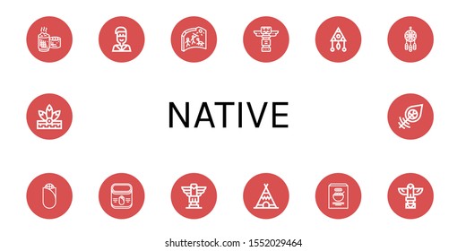 Set of native icons. Such as Sticky rice, Native american, Cave painting, Totem, Dreamcatcher, Corn, Teepee , native icons