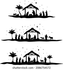 Set of nativity scene silhouettes. Collection of traditional christian figures holy night. Christmas holiday. Vector illustration for children.
