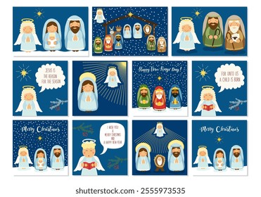 Set of Nativity scene theme cards with cute hand drawn characters