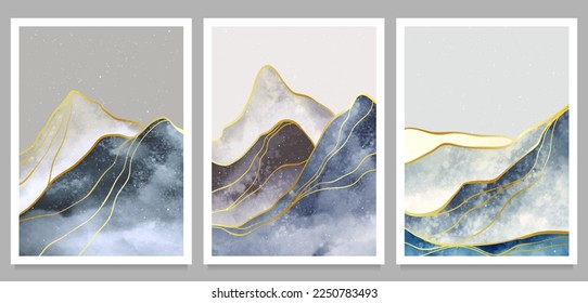 Set of Natural abstract mountain landscape and golden line art pattern. Abstract contemporary aesthetic backgrounds landscapes. with mountains, hill, landscape. vector illustrations