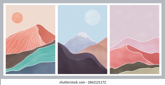 set of Natural abstract mountain. Mid century modern minimalist art print. Abstract contemporary aesthetic backgrounds landscape. vector illustrations