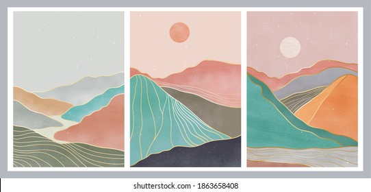 set of Natural abstract mountain. Mid century modern minimalist art print. Abstract contemporary aesthetic backgrounds landscape. vector illustrations