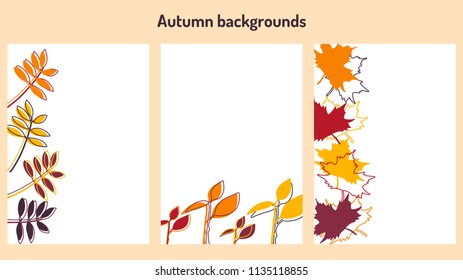 Set of natural backgriunds with leaves. Abstract vector illustration with silhouettes of foliage.