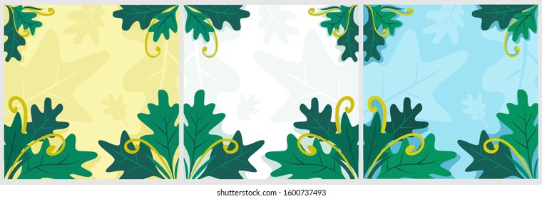 Set of natural background vector of green leaves with various basic colors of yellow, white and light blue. Simple square background suitable for social media posts etc.