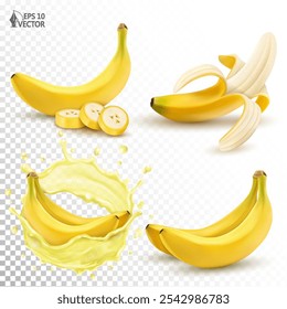 Conjunto de plátanos naturales. Frutas peladas, en rodajas y enteras. Salpicadura de jugo transparente realista. Ilustración vectorial aislada 3D. Manojo de plátanos. Elementos de diseño de embalaje y publicidad