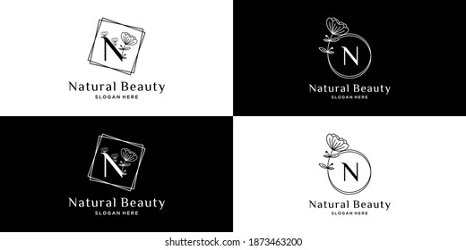 Set of natural beauty frame with initials letter n logo design