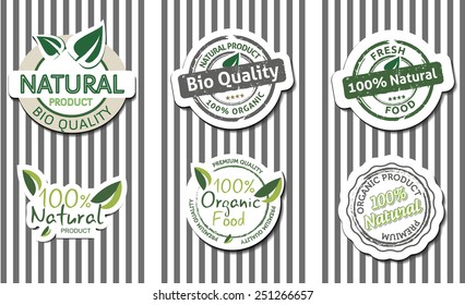 Set of natural  bio quality product labels with shadow, striped background, vector illustration