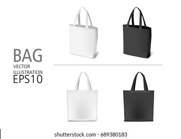 Set of natural canvas material  shopping bags black and white color. Eco style realistic bag templates for sale, shopping, promotion, corporate identity, demonstration 
