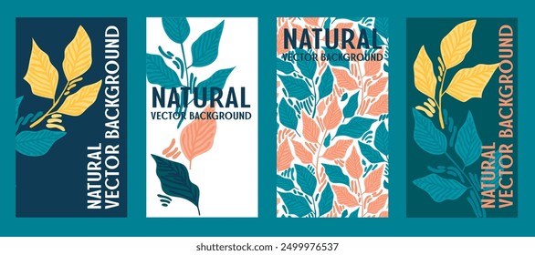 Conjunto de tarjetas naturales con decoración de hojas, Ilustración vectorial