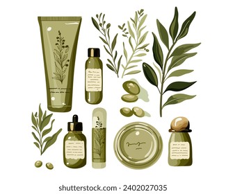 Set of natural care cosmetics with olive extract, eco, organic cosmetics, vector illustration