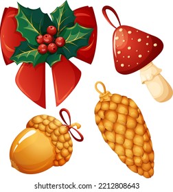 Set of natural Christmas decorations and toys. New Year's mistletoe, fly agaric, acorn and cone