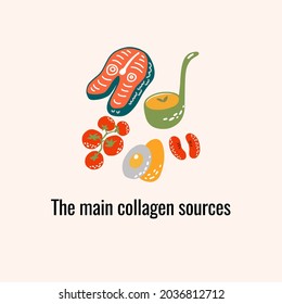 Set of natural collagen sources. Hand drawn doodles. Trendy beauty ingredient. Various products rich of collagen such as fish, bone broth, beans, berries, etc.
