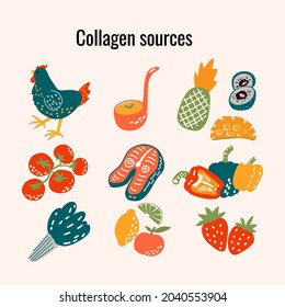 Set Of Natural Collagen Sources. Trendy Beauty Ingredient. Various Products Rich Of Collagen Such As Fish, Bone Broth, Beans, Berries, Etc.