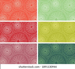 Set of natural color stylized linear backgrounds with citrus in section. Hand-drawn doodling background. Vector illustration.
