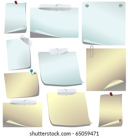 Set of natural colored white pinned paper isolated on white