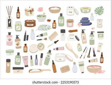 Set of natural cosmetic products, scented candles, beauty and spa accessory vector illustration. Skin and hair care goods 