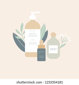 Conjunto de botellas cosméticas naturales de plantas orgánicas. Bio spa cremas para cuidados corporales y belleza. Mano con botella de spa y plantas. Ilustraciones vectoriales de diseño plano. Colocar el texto 
