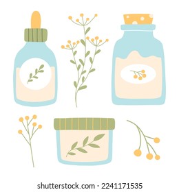 Set of natural cosmetics. Collection of organic cosmetics for skin care. Herbal cosmetics. Vector illustration. Flat style.