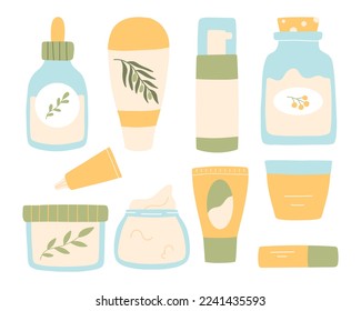 Set of natural cosmetics. Collection of organic cosmetics for skin care. Herbal cosmetics. Vector illustration. Flat style.
