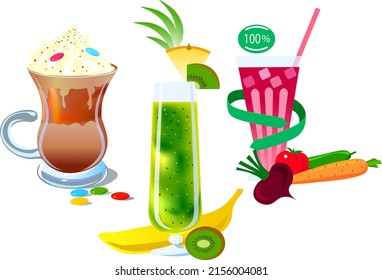 Set of natural diet drinks from exotic fruits and vegetables in edge glasses Vector