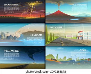 Set of natural disaster or cataclysms. Catastrophe and crisis Background. Realistic Tornado or storm, Lightning Strike, Rain Thunderstorm, Volcano eruption, Flood and Earthquake, Tsunami and Big wave.