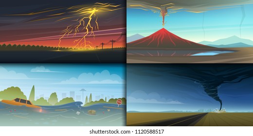 Set of natural disaster or cataclysms. Catastrophe and crisis Background. Realistic Tornado or storm, Lightning Strike, Rain Thunderstorm, Volcano eruption, Flood and Earthquake, Tsunami and Big wave.