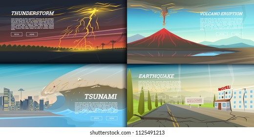 Set of natural disaster or cataclysms. Catastrophe and crisis Background. Realistic Tornado or storm, Lightning Strike, Rain Thunderstorm, Volcano eruption, Flood and Earthquake, Tsunami and Big wave.