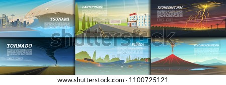 Set of natural disaster or cataclysms. Catastrophe and crisis Background. Realistic Tornado or storm, Lightning Strike, Rain Thunderstorm, Volcano eruption, Flood and Earthquake, Tsunami and Big wave.