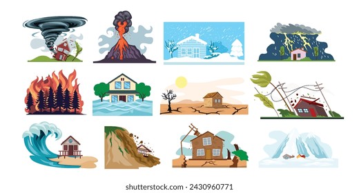 Set of Natural Disaster set collection with Whirlwind, Tornado, Eruption, Blizzard, Thunderstorm, Wildfire, Flood, Drought, Twister, Hurricane, Windstorm, Tsunami, earthquake and avalanche. 