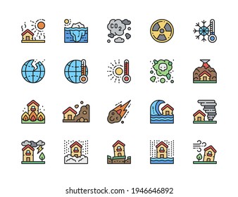 Set of Natural Disaster Flat Color Line Icons. Drought, Global Warming and more.