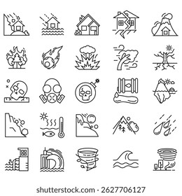 Conjunto de ícones de desastres naturais. Ícone de desastres naturais incluindo incêndio, terremoto, inundação e tornado. Coleção de ícones de linha de doodle representando vários desastres naturais. Ilustração vetorial.