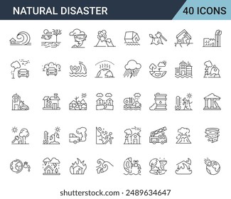 Set of natural disaster icons. Natural disasters, pollution, related to evacuation, Apocalypse. editable stroke icons Vector illustration