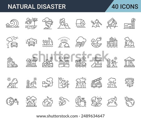 Set of natural disaster icons. Natural disasters, pollution, related to evacuation, Apocalypse. editable stroke icons Vector illustration