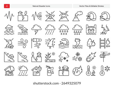 Conjunto de ícones de desastres naturais com erupção vulcânica, tsunami, enchentes, chuvas intensas, incêndios florestais, deslizamento de terra e terremoto. Curso editável vetorial, perfeito para infográficos e uso educacional