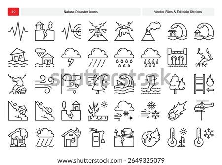 Set of natural disaster icons featuring volcano eruption, tsunami, flood, heavy rainfall, wildfire, landslide, and earthquake. Vector editable stroke, perfect for infographics and educational use