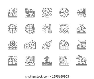 Set of Natural Disaster Line Icons. Drought, Global Warming, Air Pollution, Earthquake, Volcano Eruption, Meteorite, Tsunami, Tornado, Storm, Snowfall, Windstorm and more. Pack of 48x48 Pixel Icons