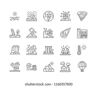 Set of Natural Disaster outline icons isolated on white background. Editable Stroke. 64x64 Pixel Perfect.