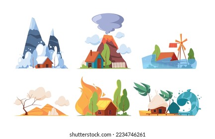 Set Natural Disasters, Accidents in Nature Snow Avalanche, Volcano Eruption, Flood, Sandstorm, Forest Fire and Tsunami. Dangerous Environmental Situations, Damage. Cartoon Vector Illustration