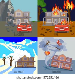 Set of natural disasters banners realistic vector illustrations. Snow avalanche in mountains. Landslide caused by ground movements. House burning in fire. Tornado twisting cottage