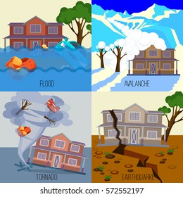 Set of natural disasters banners realistic vector illustrations. Snow avalanche in mountains. Flood on city streets. Tornado twisted cottage house. Earthquake destroy everything