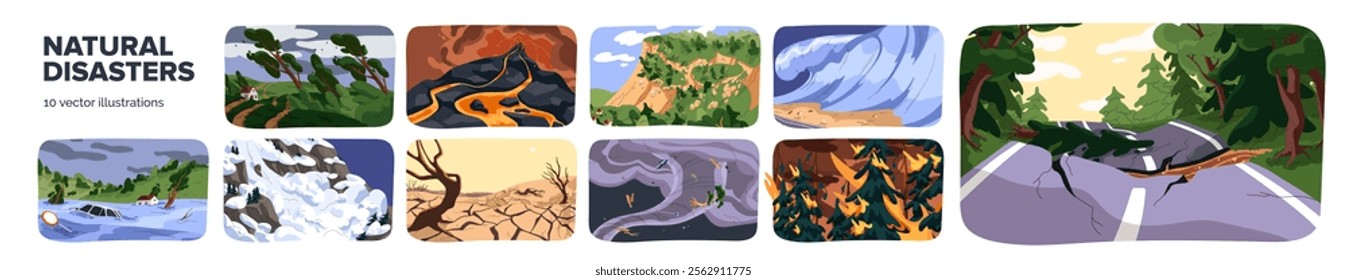 Set of natural disasters. Extreme weather, cataclysms, accidents, catastrophes. Hurricane, flood, earthquake, volcano eruption, tsunami. Hazardous calamity, wild dangers. Flat vector illustrations