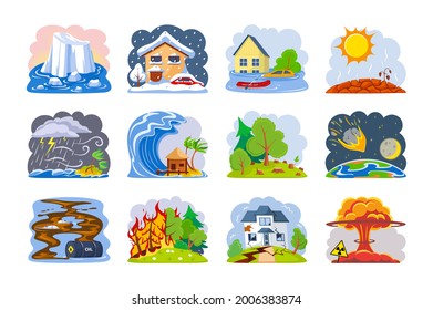Set of natural disasters. Fires, tsunami, flood, ice melting, snowfall, drought, thunderstorm, rain, storm, deforestation, meteorite fall, oil spill, nuclear explosion, earthquake vector cartoon