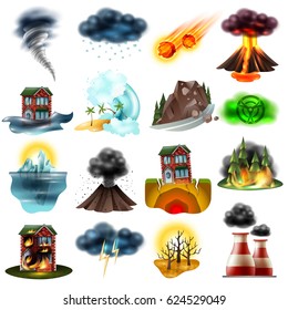 Set of natural disasters including flood earthquake drought wildfire tsunami radiation hail environment pollution isolated vector illustration