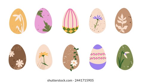 Set of natural dyed Easter eggs with botanical prints. DIY flower decorated eggs. Colorful hand painted of Easter symbol. Vector isolated illustration