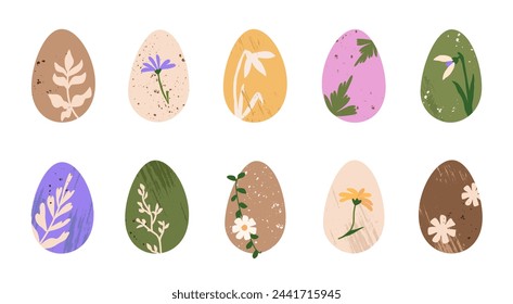 Set of natural dyed Easter eggs with botanical prints. DIY flower decorated eggs. Handmade Easter symbol. Vector isolated illustration