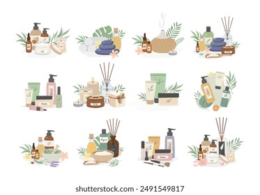 Conjunto de productos ecológicos naturales cosméticos, aromaterapia y salón de spa.  Loción, cremas, aceites esenciales, velas y difusores. Belleza Ilustración vectorial de autocuidado. Elementos, hojas y flores orgánicas. 